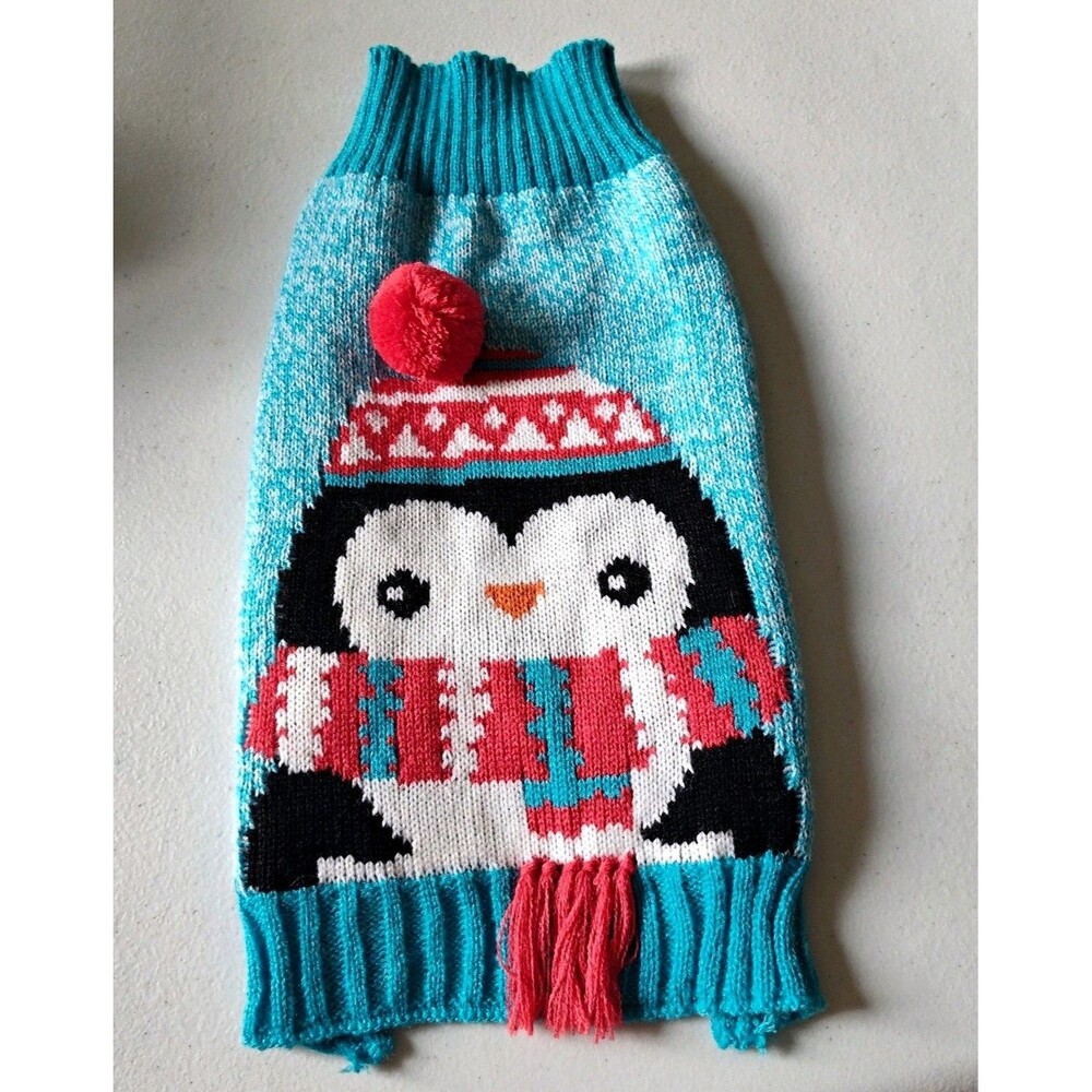 Knit Dog Sweater Penguin Theme Blue/Red Warm Winter Apparel Size S Acrylic